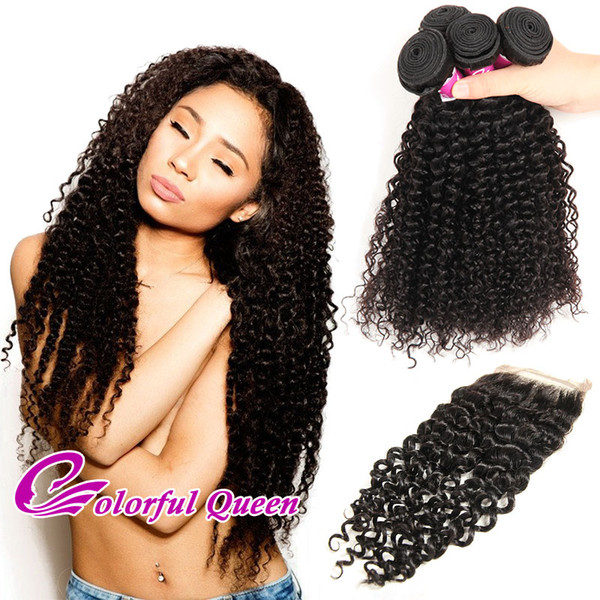 Colorful Queen Kinky Curly Human Hair 4 Bundles with Closure 5 Pcs/Lot Cheap Malaysian Curly Virgin Hair Weaves with Lace Closures 4x4