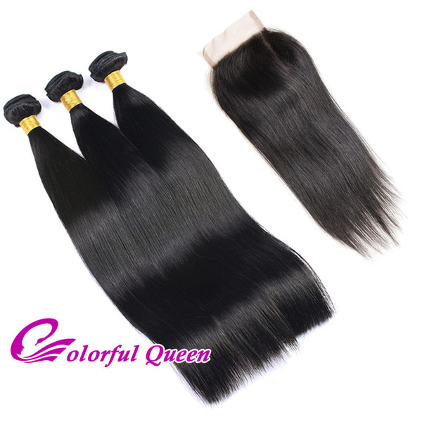 Colorful Queen Indian Straight Virgin Hair Weaves With Closure Indian Straight Virgin Human Hair Weave Bundles with Lace Closure Baby Hair