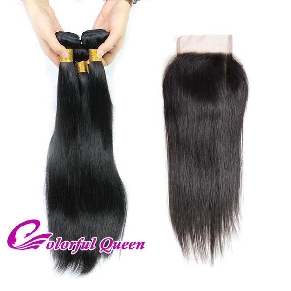 3Pcs Weaves Closure with Bundles Peruvian Straight Virgin Human Hair with Closure Human Hair Weaves Bundles with Lace Closure Baby Hair