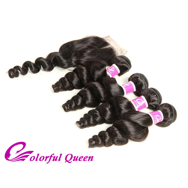 Colorful Queen Human Hair with Closure Bundles Deals 7A Malaysian Loose Wave Hair weave 4 Bundles with Lace Closure Free Middle Three Part