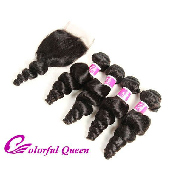 Peruvian Hair 4 Bundles with Closure 5Pcs/Lot Peruvian Loose Wave with Closure Human Virgin Hair Extension with Lace Closure Bouncy Curl