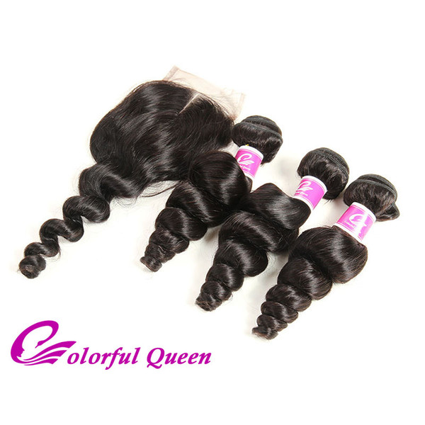 Indian Human Hair Loose Wave 3 Bundles with Closure Indian Virgin Hair Loose Wave Weave Bundles with lace Closure Indian Raw Curly Hair