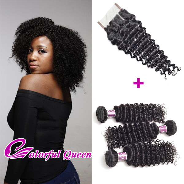 Cheap Malaysian Deep Wave Virgin Hair With Closure Human Hair Weave 3 pcs With Lace Closure Malaysian Deep Curly Hair Bundles with Closure