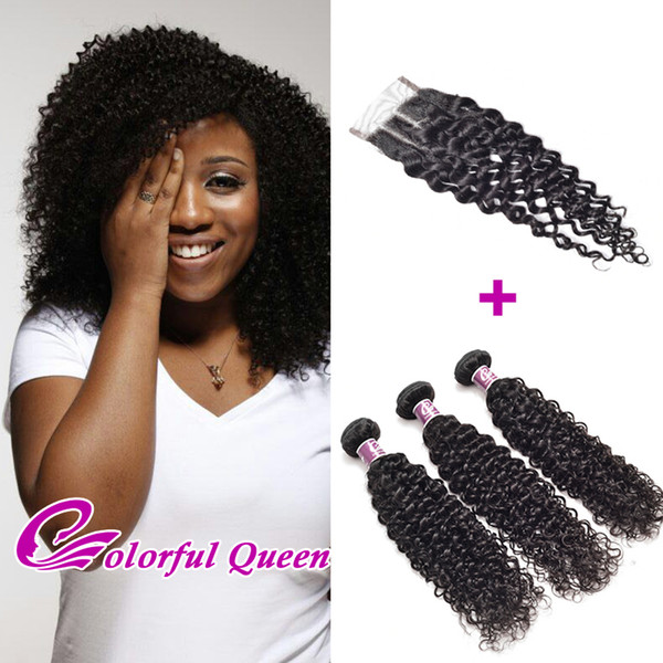 Malaysian Kinky Curly Hair 3 Bundles with Closure 3 Free Part Curly Human Hair Bundles with Closure Malaysian Afro Kinky Curly With Closures