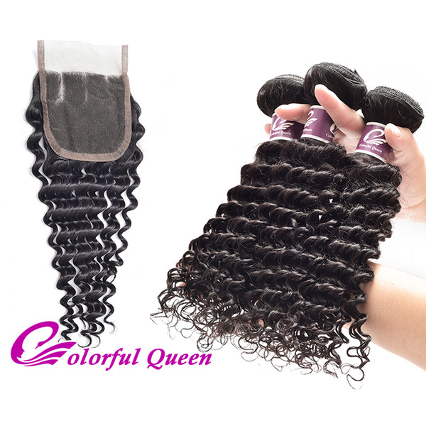 Colorful Queen Peruvian Virgin Human Hair Deep Curly Weaves 3pcs with Closure Unprocessed Virgin Peruvian Hair Weaves Deep Wave with Closure