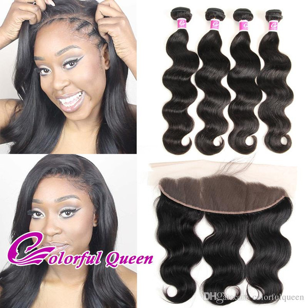 Brazilian Virgin Human Hair Weaves with 13x4 Lace Frontal Closures 5Pcs/Lot Straight Body Wave Bundles with Lace Frontal Closure Baby Hair