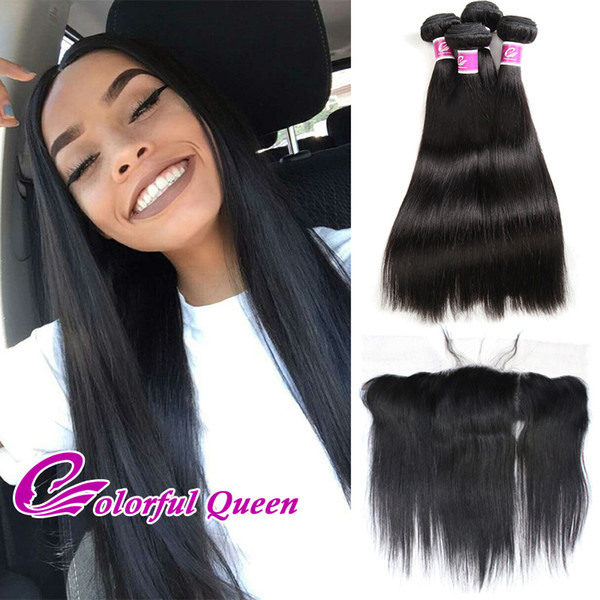 Colorful Queen Malaysian Virgin Human Hair with Lace Frontal Closure 13x4 Ear to Ear Frontal Closures 5pcs/Lot Straight Bundles with Frontal