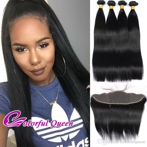 Raw Indian Hair Bundles with Lace Frontal Closure 5Pcs/Lot Indian Silky Straight Body Wave Virgin Hair with Lace Frontal Closure 13x4