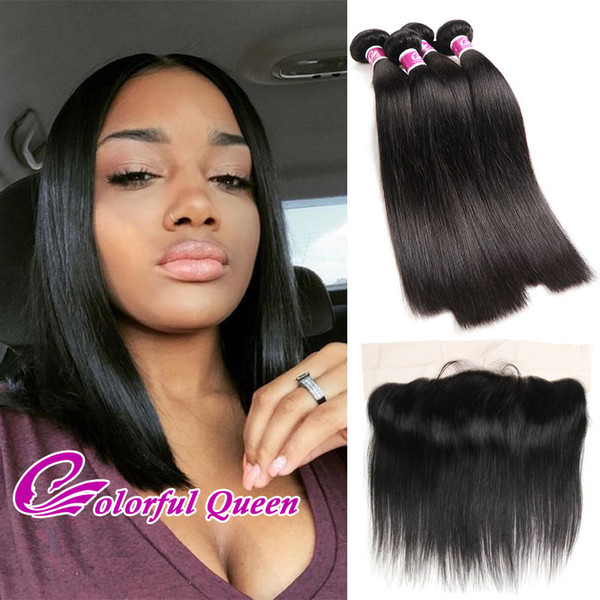 4 Pcs Raw Indian Silky Straight Hair Bundles with Lace Frontal Closure Cheap Indian Straight Virgin Hair with Lace Frontal Closure 5Pcs/Lot