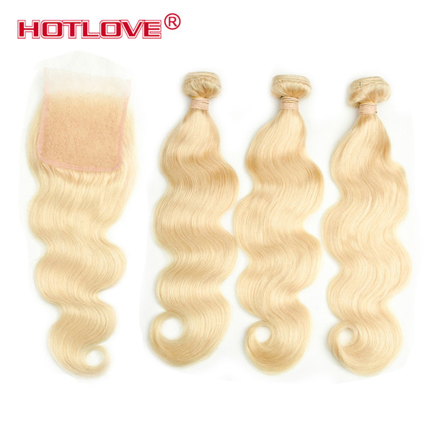 HOTLOVE Brazilian Remy Human Hair Pure Color Blonde Hair 3 Bundles With 4*4 Lace Closure Free Part With Baby Hair 613 Body Wave