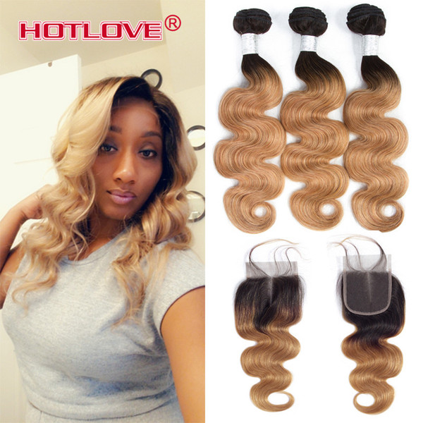 Brazilian Ombre Hair Bundles with Closure Body Wave Two Tone Ombre Color T1b/27 Dark Roots Blonde 3 Bundle with Closure Hotlove