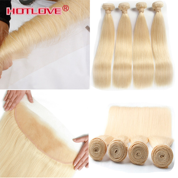 HOTLOVE 613 Hair Straight 4 Bundle with Lace Frontal Closure 13*4 inch Brazilian Virgin Straight 613 Light Blonde Human Hair Extensions