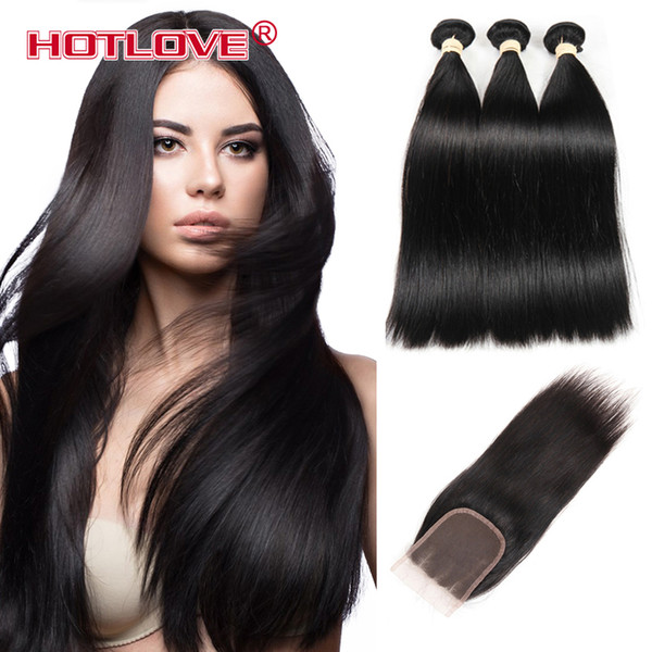 Hotlove Hair Peruvian Straight Human Hair Bundles With Lace Closure Middle/Free/ Three Part Natural Black 3 Bundles Hair & Closure Hot Sale