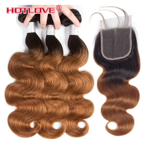 Two Tone Ombre Hair Brazilian Body Wave 3 Bundle Hair with Lace Closure with Baby Hair T1b/30 Dark Roots 4Pcs/Lot