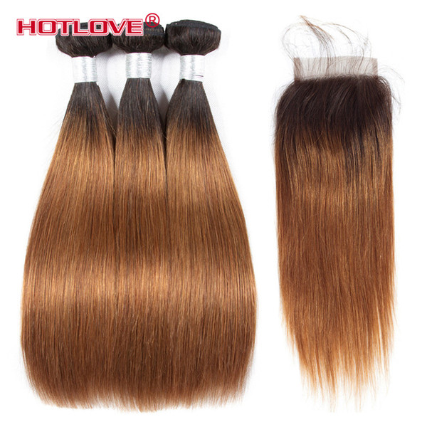 Brazilian Virgin Ombre Hair Straight 3 Bundle with Lace Closure 4*4 Two Tone Color T1b/30 Dark Roots Brown Ombre Straight 4Pcs/Lot