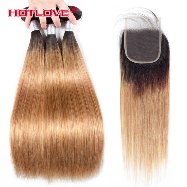 Brazilian Straight Hair Human Hair Weave Bundles with Closure 4PCs/Lot Ombre Two Tone Pre-Coloed Honey Blonde Burgundy Red Brown Hotlove