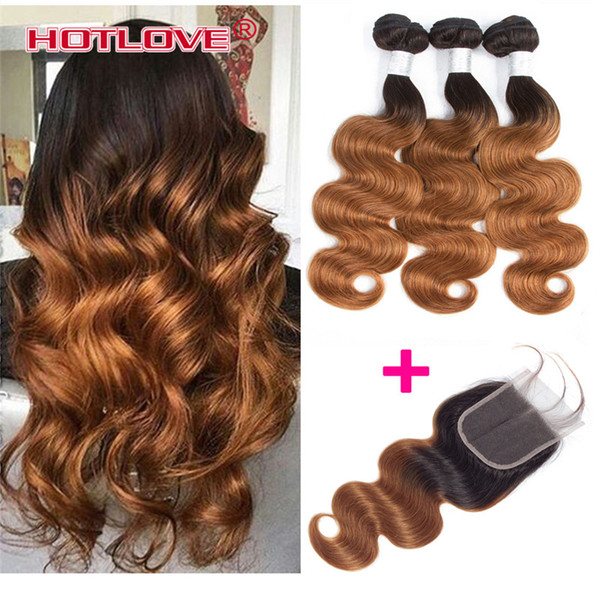 Peruvian Ombre Hair Body Wave 3 Bundle Hair with Lace Closure with Baby Hair Two Tone Color 1B/30 Dark Root Brown Hotlove