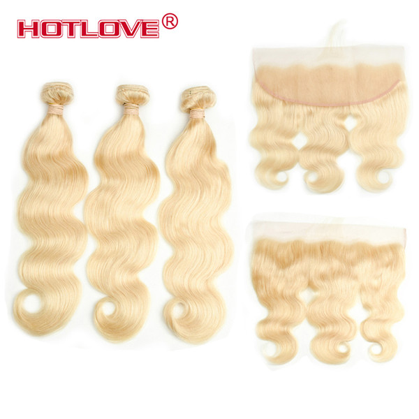 HOTLOVE Remy Hair Blonde Color Hair Wefts 3 Bundle with 13*4 Ear to Ear Lace Frontal Closure Brazilian Virgin Human Hair Blonde 613