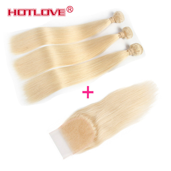 HOTLOVE Company Brazilian Virgin Hair Straight With Closure 100% Human Hair 3 Bundles With 4x4 Lace Closure with Baby Hair 613 Blonde