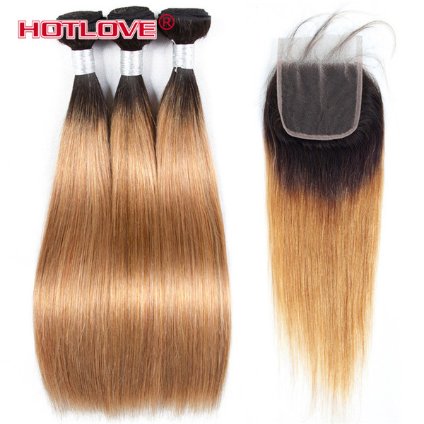 Hotlove Hair Brazilian Virgin Ombre Hair Body Wave 3 Bundles with Lace Closure Two Tone T1B/27 Dark Roots Blonde Brazilian Ombre Bundles