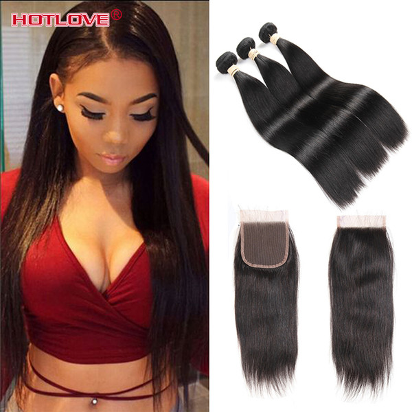 Hotlove Hair Brazilian Virgin Human Straight Hair 3 Bundles with Lace Closure Free / Middle / Three Part Natural Black 