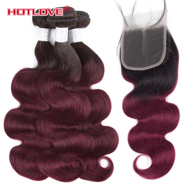 Brazilian Body Wave Ombre Human Hair Weaves 3 Bundle with Lace Closure with Baby Hair Two Tone Color 1B 99J Dark Roots Burgundy