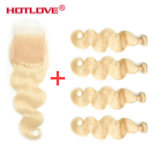 Pre-Colored Virgin Human Hair Weave #613 Brazilian Body Wave 4 Blonde Bundles With 4x4 Lace Closure Baby Hair 5Pcs/Lot Total