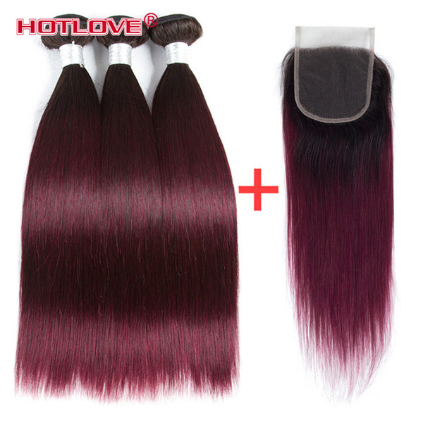 Brazilian Straight Ombre Human Hair Weaves 3 Bundle with Lace Closure with Baby Hair Two Tone Color 1B 99J Dark Roots Burgundy Hotlove