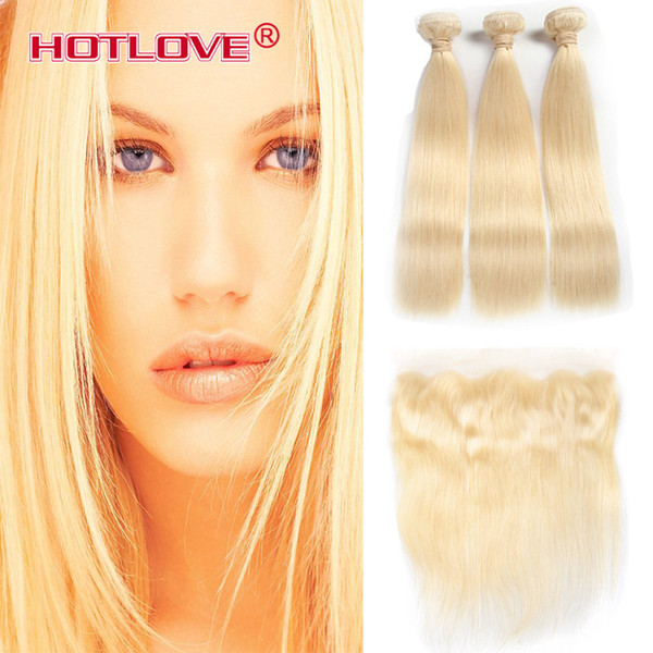 3 Human Hair Blonde Bundle with Closure 13*4 inch Remy Malaysian Virgin Straight 613 Honey Blonde Bundles with Frontal Closure Ear to Ear