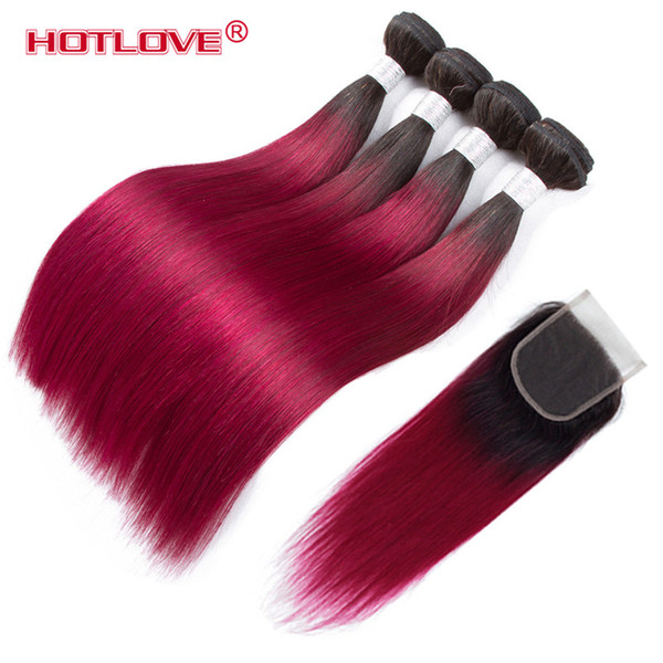 Ombre Color Hair Lace Closure with 4 Bundle Straight Brazilian Hair Weave Two Tone Ombre Color T1b/Burgundy Dark Roots Burgundy End Hotlove