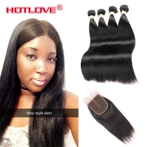 Indian Virgin Human Hair Straight Closure with 4 Bundle Unprocessed Indian Straight Weaving Natural Black HOTLOVE Vendors Products Grade 8A