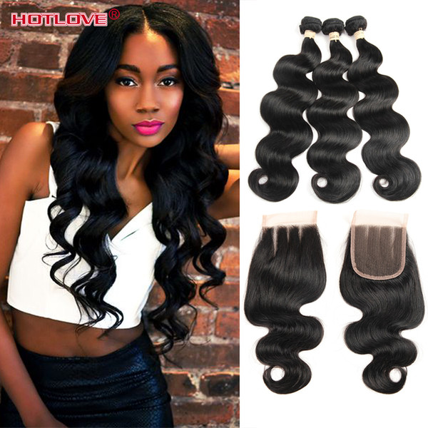 Hotlove Body Wave 3 Bundle Hair with Lace Closure With Baby Hair Brazilian Virgin Unprocessed Human Hair Good Quality