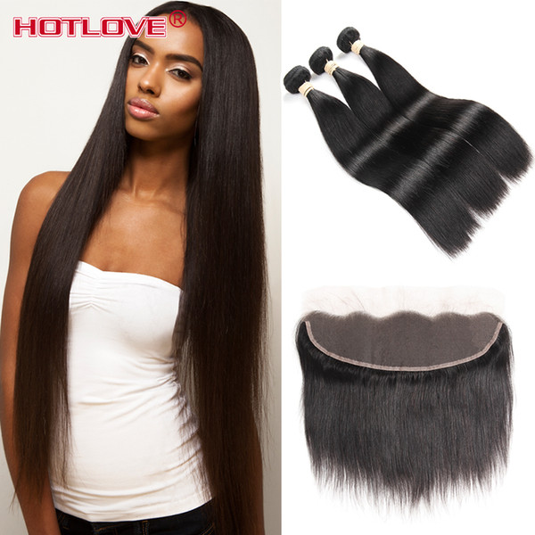 Lace Frontal Closure with Bundles Malaysian Virgin Human Straight 3 Pcs Hair with Pre Plucked Closure Frontal 13*4 Free Part