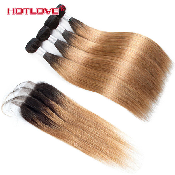 Ombre Brazilian Straight 4 Bundles With Closure T1B/27 Ombre Human Hair Bundles With Closure Ombre Straight Honey Blonde Bundle with Closure