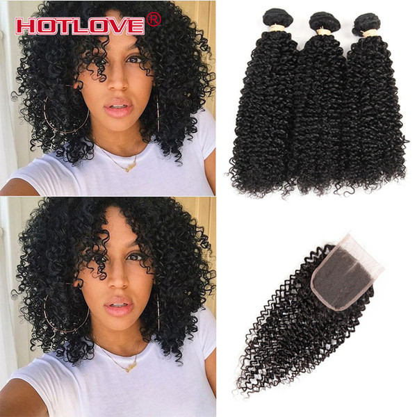 HOTLOVE Indian Virgin Kinky Curly Hair 3 Bundles with Lace Closure with baby Hair Natural Black Human Hair Wefts with Hot Sale Closure