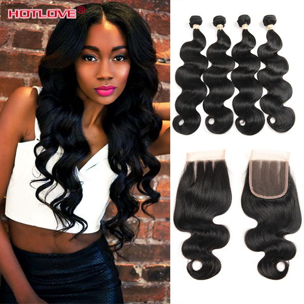 Hotlove Hair Brazilian Virgin Human Body Wave 4 Bundles with Top Lace Closure 4x4 Natural Black Unprocessed Body Wavy Hair