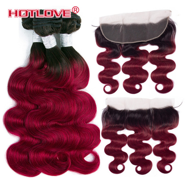 Malaysian Ombre Bundles with Frontal Closure 13*4 inch Body Wave Human Hair Weaves 3 Bundles with Closure T1B/27 30 99J Burgundy