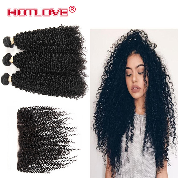 Hotlove Mongolian Kinky Curly Human Hair 3 Bundles With 13*4 Lace Frontal Mongolian Kinky Curly Closure Natural Black Remy Hair 4pcs/lot