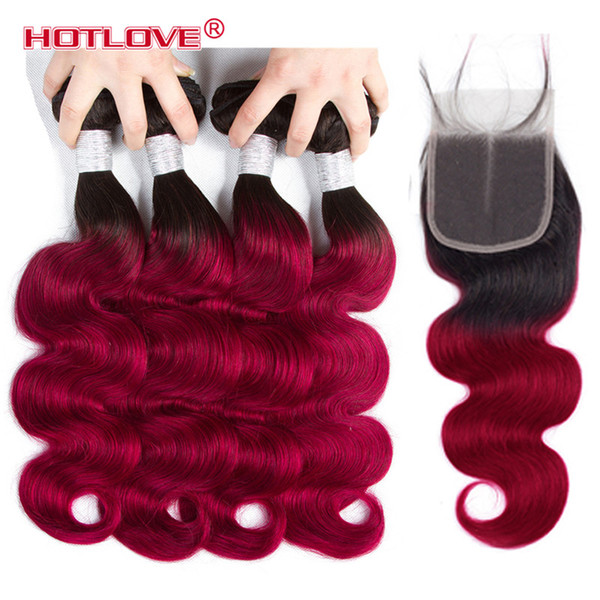 Hotlove Hair Brazilian Hair Body Wave 4 Bundles With Closure Ombre Human Hair Bundles With Lace Closure 1B/Burgundy Two Tone Ombre Color