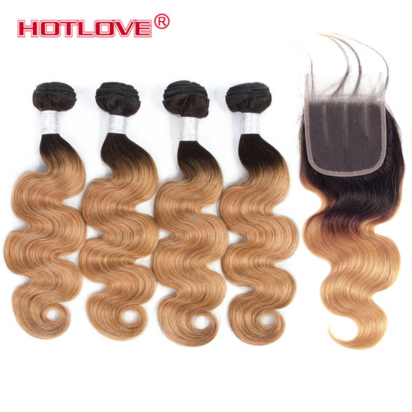 Ombre Brazilian Body Wave Human Hair Bundles with Lace Closure Free Part Middle Three 4 Bundles Hair with Closure T1B/27 Honey Blonde