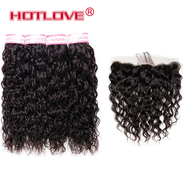 Brazilian 8A Virgin hair 4 Bundles Water wave Human Hair 8-28 Inch With 13x4 Ear to Ear lace Frontal Closure