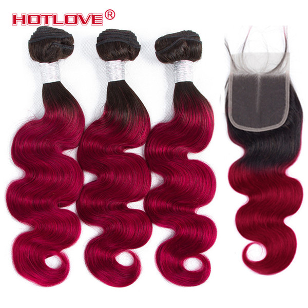 Brazilian Virgin Ombre Hair Bundle with Closure Body Wave Two Tone Ombre Color 1B Burgundy Closure with 3 Human Hair Hotlove