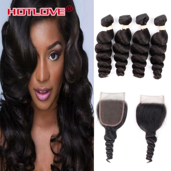 HOTLOVE Hot Sale Products Human Hair Bundles Lace Closure Remy Hair Mongolian Virgin Loose Wave Hair Weave 4 Bundles With Closure Free Part