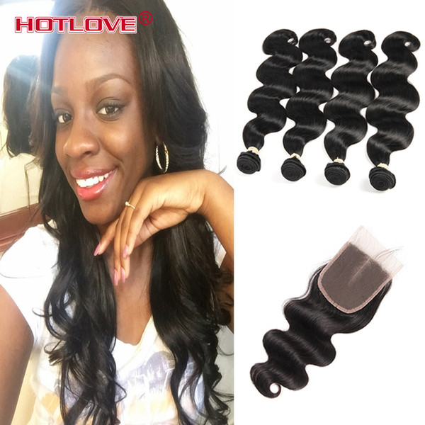 Mongolian Unprocessed Virgin Hair With Lace Closure Body Wave With Closure 4 Bundles Human Hair With Closure 4*4 swiss Lace Medium Brown