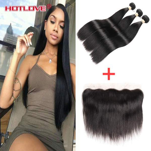 HOTLOVE Mongolian Virgin Hair Straight Weaves 3 Bundle Deal with Lace Frontal Closure Free Part 13*4 inch Ear to Ear with Baby Hair