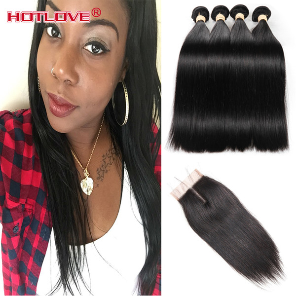 Hotlove Hair Mongolian Virgin Human Straight Wave 4 Bundles with Baby Hair Closure 4x4 Natural Black Unprocessed Mongolian Raw Straight Hair