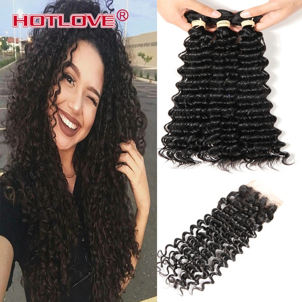 HOTLOVE Mongolian Virgin Hair 3 Bundles with Lace Closure with baby Hair Deep Wave Natural Black Human Hair Wefts with Closure