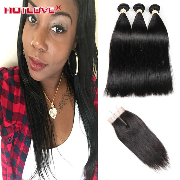 Hotlove Hair Mongolian Virgin Human Straight Hair 3 Bundles with Lace Closure Three Wavy Part Available Natural Black 