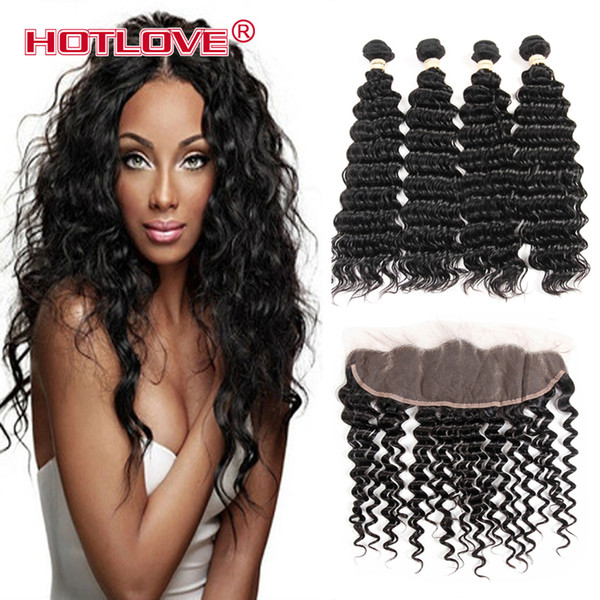 Mongolian Virgin hair Deep Wave Ear to Ear Lace Frontal Closure With 4 Bundles Human Hair With 13x4 lace Frontal Deep Curly