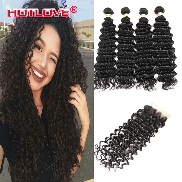 Hotlove Mongolian Virgin Hair Deep Wave 4 Bundles with Lace Closure with Baby Hair Unprocessed Virgin Deep Curly Wave Hair Weft with Closure